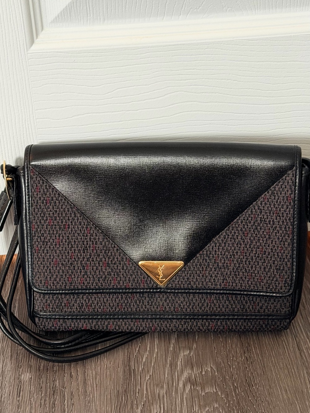 Vintage YVES SAINT LAURENT Black
Grey Gold Hardware Canvas Leather Shoulder Bag